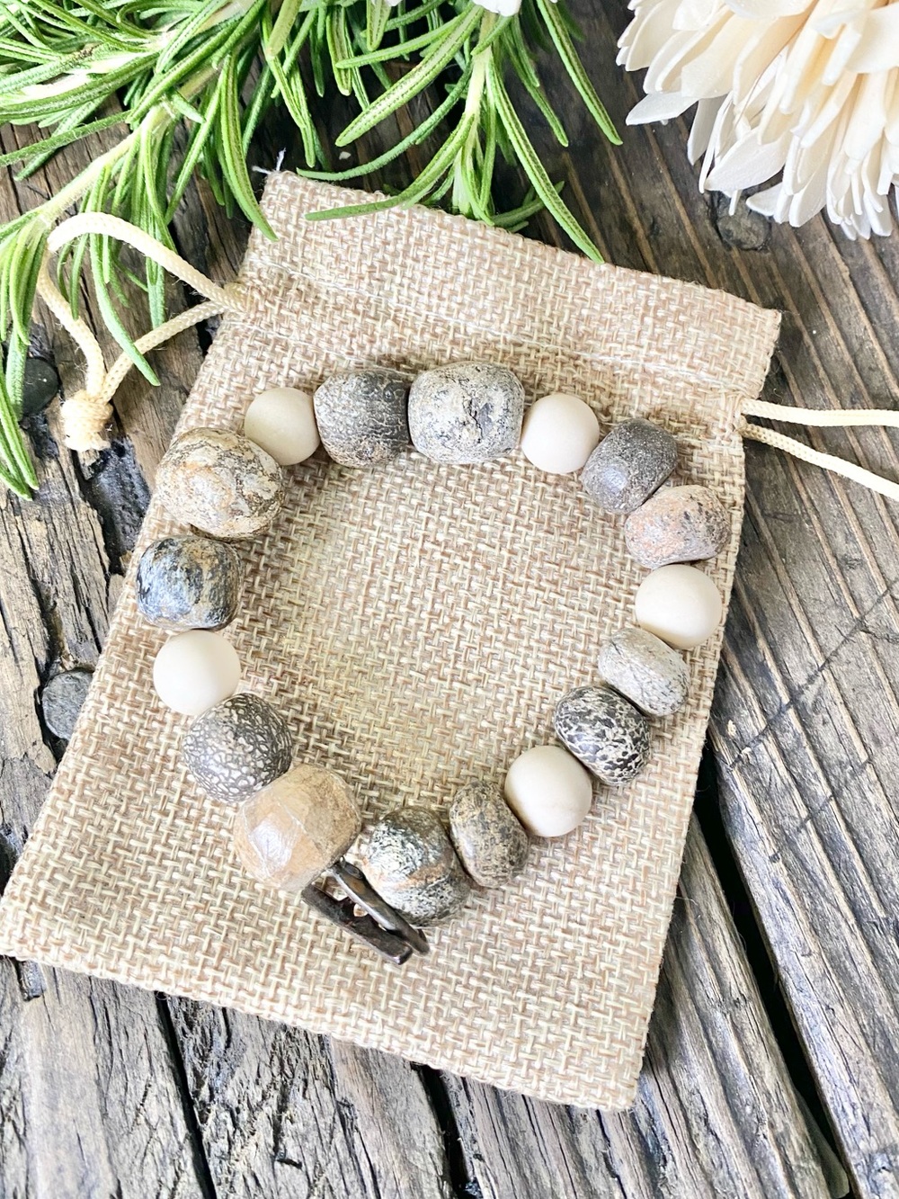 Stone Beaded Bracelet on Antique Brown Toggle